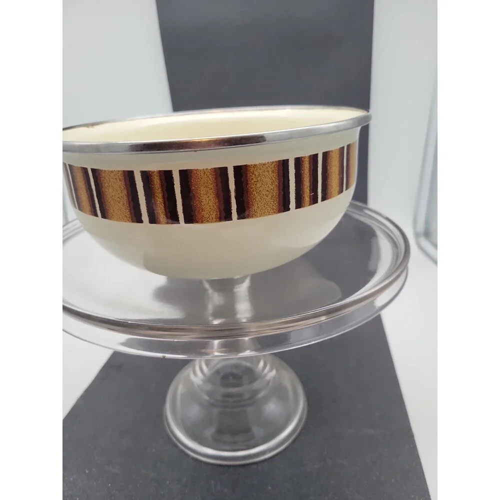 1960s Metal Enamel Mixing Bowl Set Brown Cream Retro Vtg 3 Piece Stripe Camping